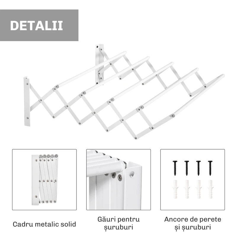 HOMCOM Uscător de Rufe Retractabil pentru Perete, Uscător Pliabil Economisitor de Spațiu din Metal pentru Interior și Exterior, 63,5x60x20 cm, Alb