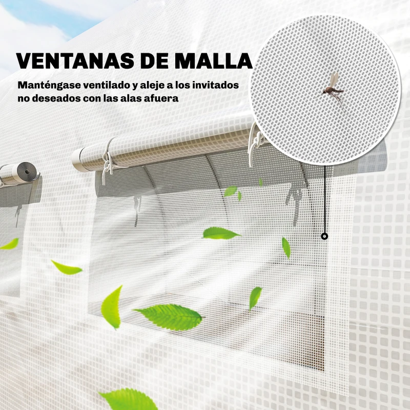 Outsunny Invernadero de Túnel 6x3x2 m con Puerta con Bisagras 12 Ventanas de Malla y Estructura de Acero Galvanizado Blanco
