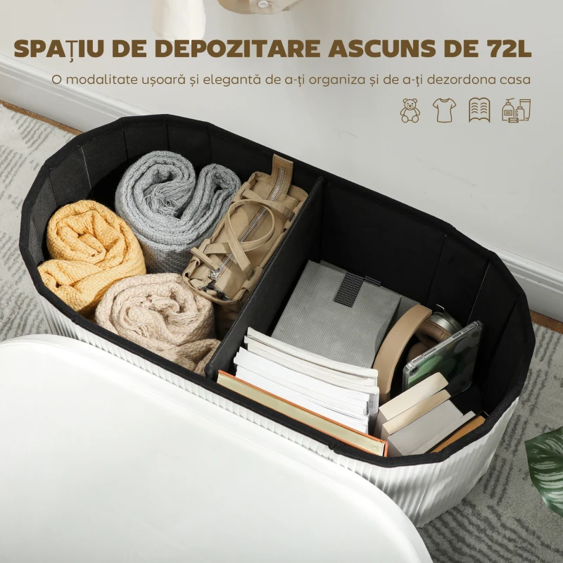 HOMCOM Taburet cu Spațiu de Depozitare Pliabil, Bancă Modernă Tapițată cu Material Catifea, Suport pentru Picioare cu Compartiment de 72L pentru Living și Dormitor, 76x38x35 cm, Crem