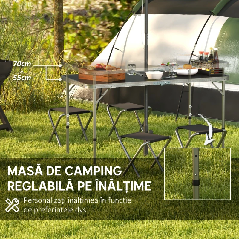Outsunny Set Masă de Camping Pliabilă cu 4 Scaune, Masă de Picnic Reglabilă pe Înălțime, 4 Bănci și Orificiu pentru Umbrelă, din Aluminiu, pentru Picnic, Mare, Grădină, Negru
