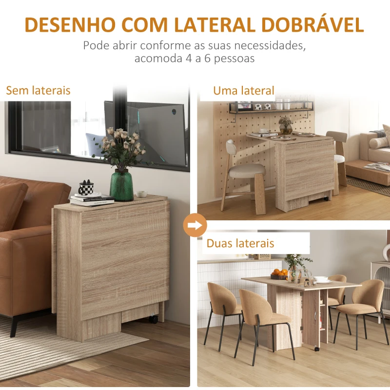 HOMCOM Mesa de Sala de Jantar Dobrável Mesa de Madeira com 2 Prateleiras de Armazenamento e Rodas para Cozinha 75x140x74 cm Madeira