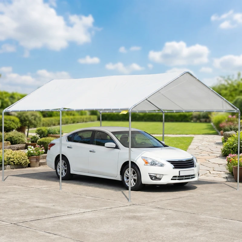 Outsunny Carpa Garaje para Coche 3x6 m Cochera Portátil Impermeable con Toldo de Tela PE y Marco de Acero Galvanizado Blanco