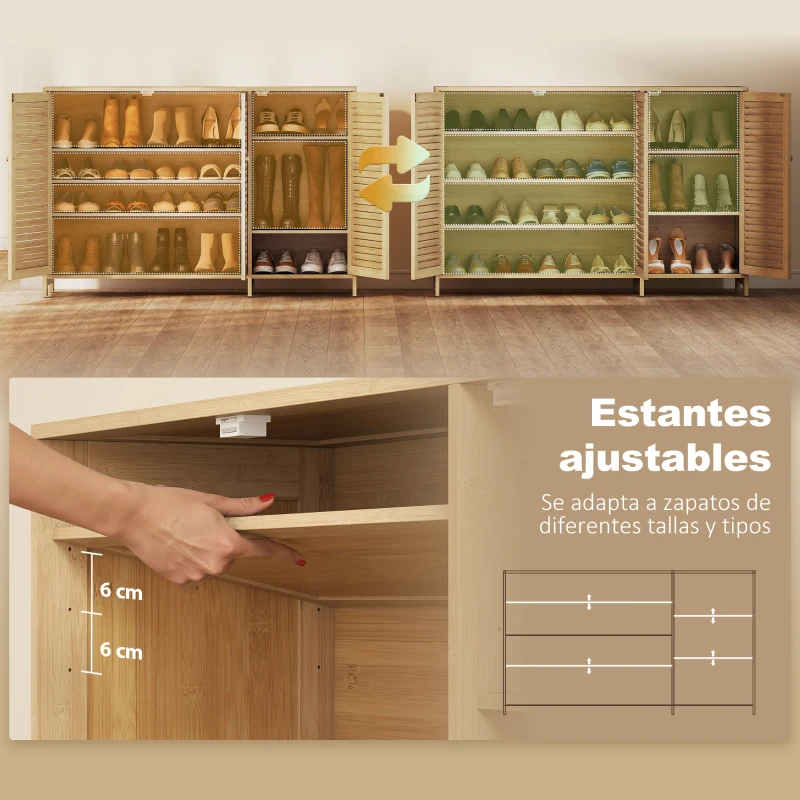 HOMCOM Armario para Zapatos de Bambú con Puertas de Persiana Capacidad para 14 Pares Estantes Ajustables Natural