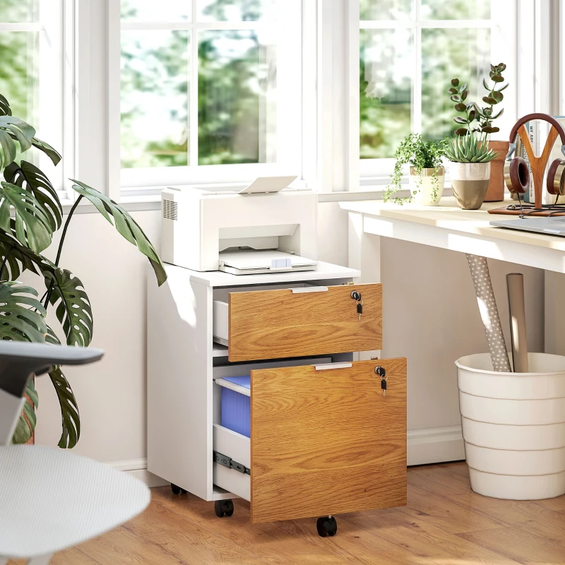 HOMCOM Caisson de bureau, meuble de rangement 2 tiroirs 2 barres pour dossier suspendu, verrouillable avec 2 clés 42x40x60 cm