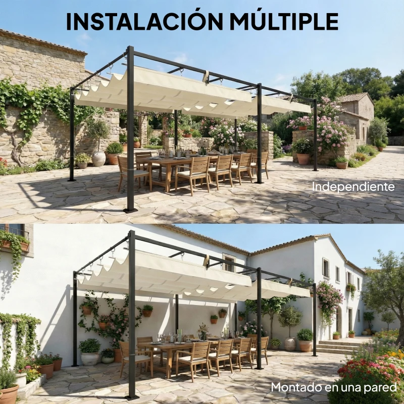 Outsunny Pérgola de Jardín 6x3 m con Techo Retráctil Protección UPF50+ Drenaje Cenador de Jardín para Patio Exterior Crema