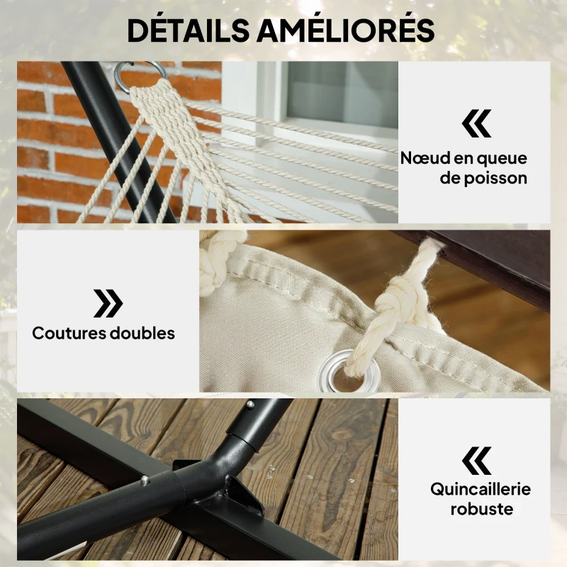 Outsunny Hamac sur pied, hamac avec support en acier, oreiller, barres d'écartement, 368 x 140 x 110 cm, crème