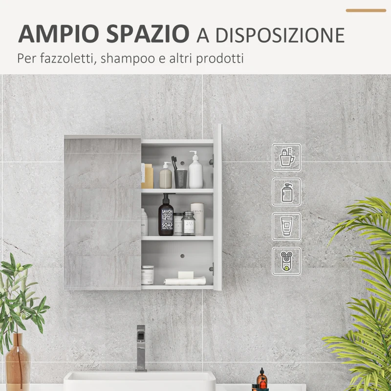 kleankin Armadietto a Specchio a 3 Ripiani Interni Regolabili, in Legno e Vetro, 60x15x60 cm, Bianco