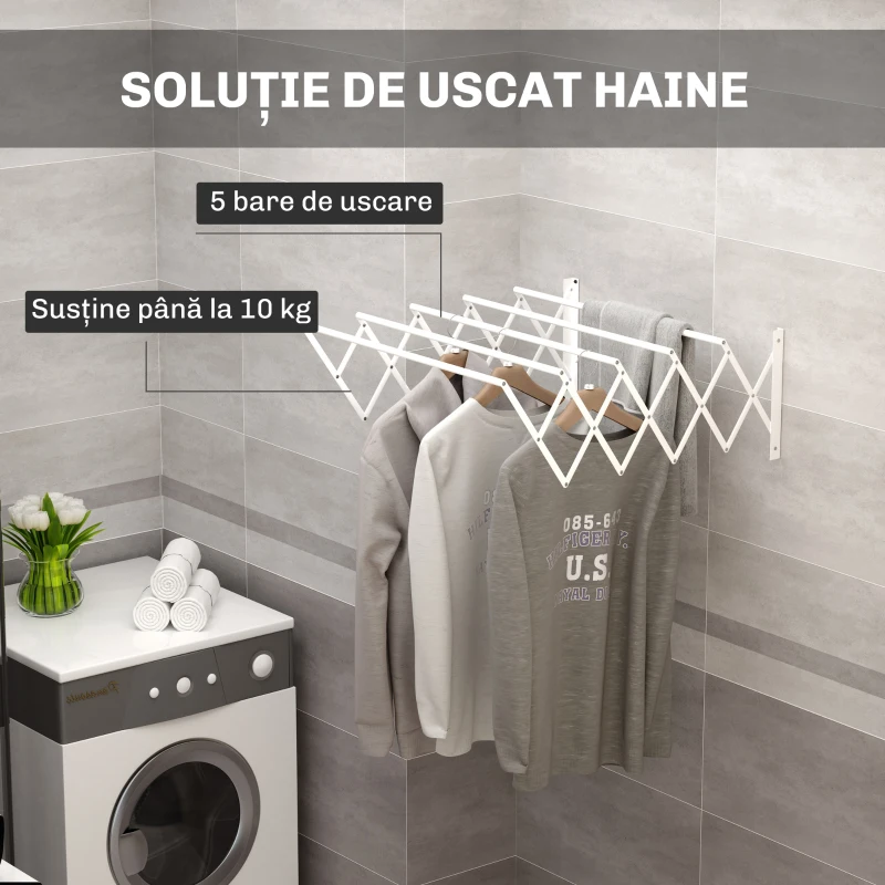 HOMCOM Uscător de Rufe Retractabil pentru Perete, Uscător Pliabil Economisitor de Spațiu din Metal pentru Interior și Exterior, 63,5x60x20 cm, Alb