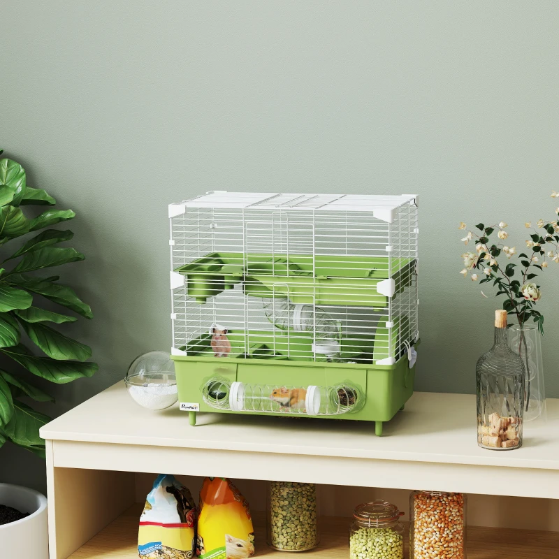 PawHut Cage pour hamster  à 2 niveaux avec roue de course salle de bain en sable pour hamster nain 44,5 x 28 x 44 cm vert