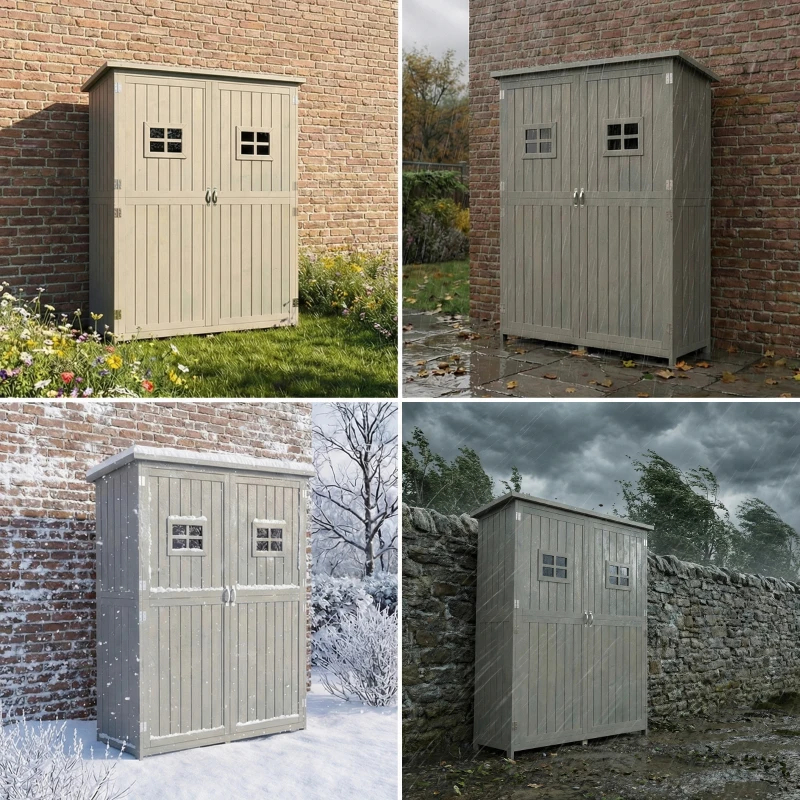 Outsunny Wooden Garden Shed with Two Windows, Tool Storage Cabinet, Outdoor Double Door Organizer 127.5L x 50W x 164H cm, Grey