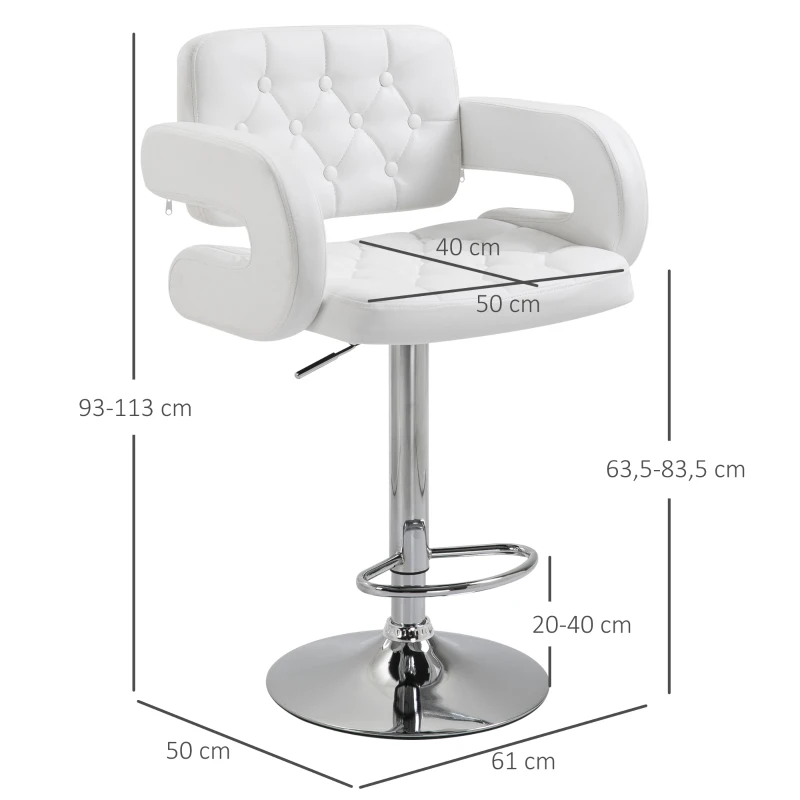 HOMCOM Tabouret de bar pivotant chaise de bar réglable en hauteur avec dossier repose-pieds et accoudoirs 61x50x93-113cm blanc