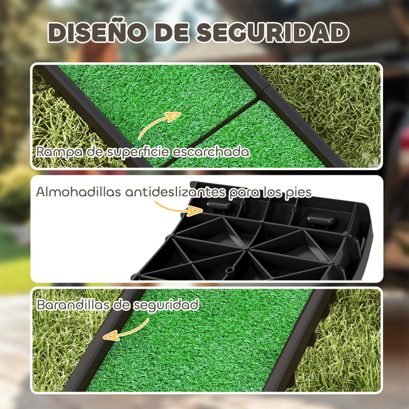 PawHut Rampa para Perros con Césped Artificial 155 cm Rampa para Perros para Coche Plegable con Asa Ángulo Ajustable Verde