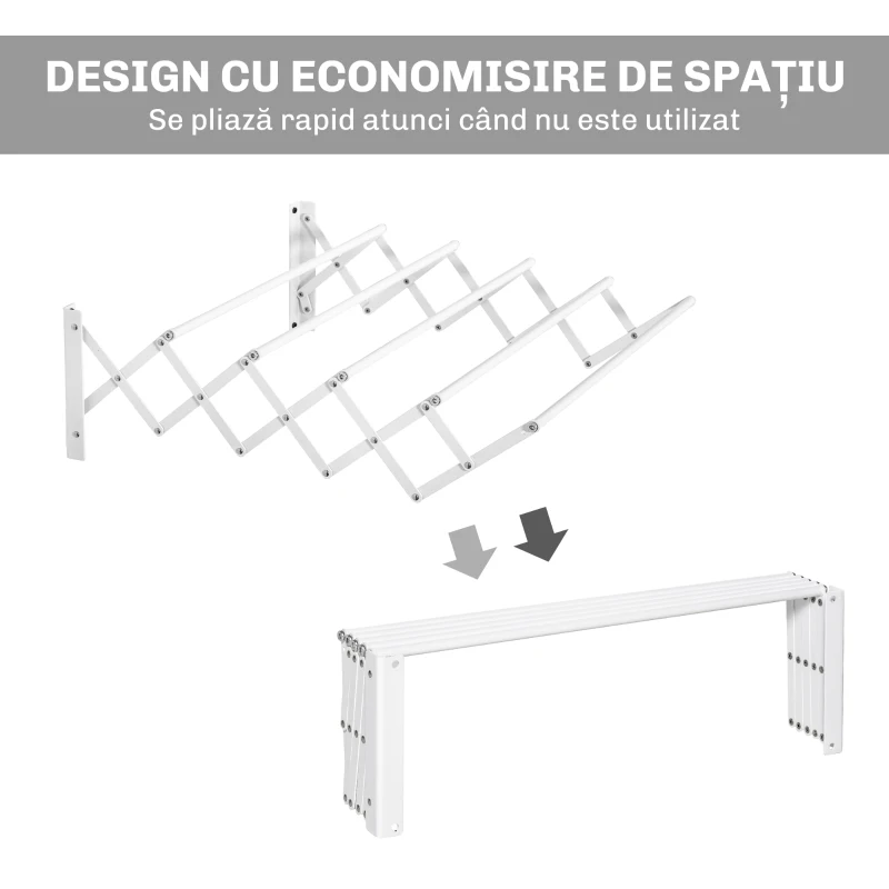 HOMCOM Uscător de Rufe Retractabil pentru Perete, Uscător Pliabil Economisitor de Spațiu din Metal pentru Interior și Exterior, 63,5x60x20 cm, Alb