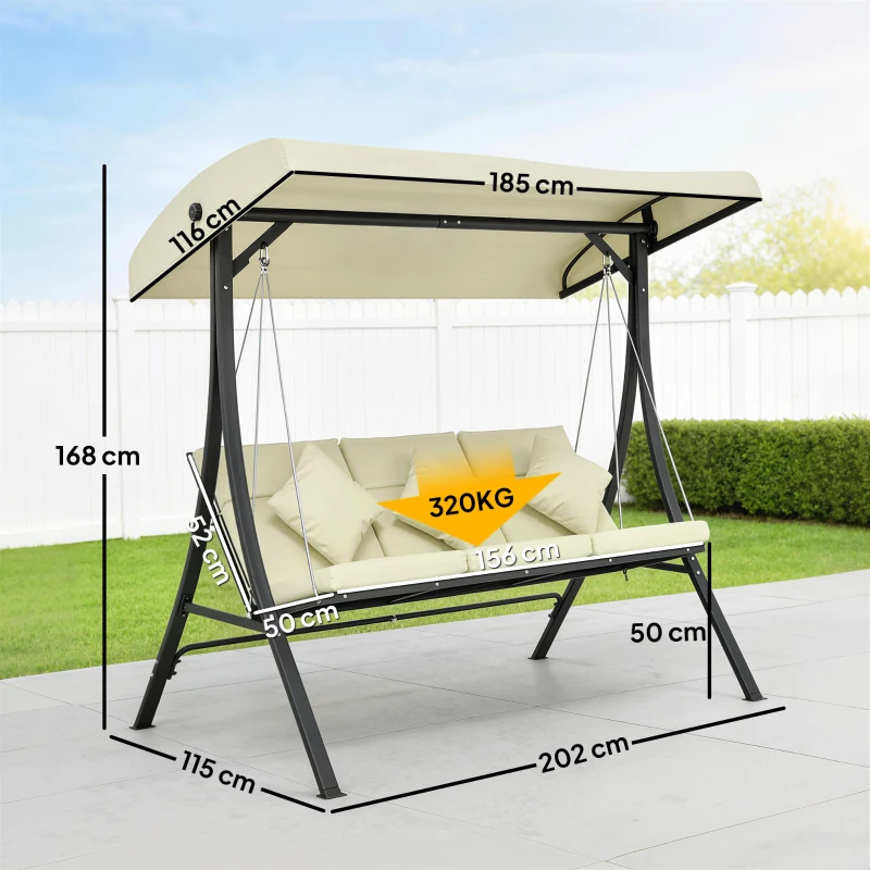 Outsunny Balancín de Jardín Exterior Columpio de 3 Plazas con Toldo Ajustable y Marco de Acero 202x115x168 cm Beige