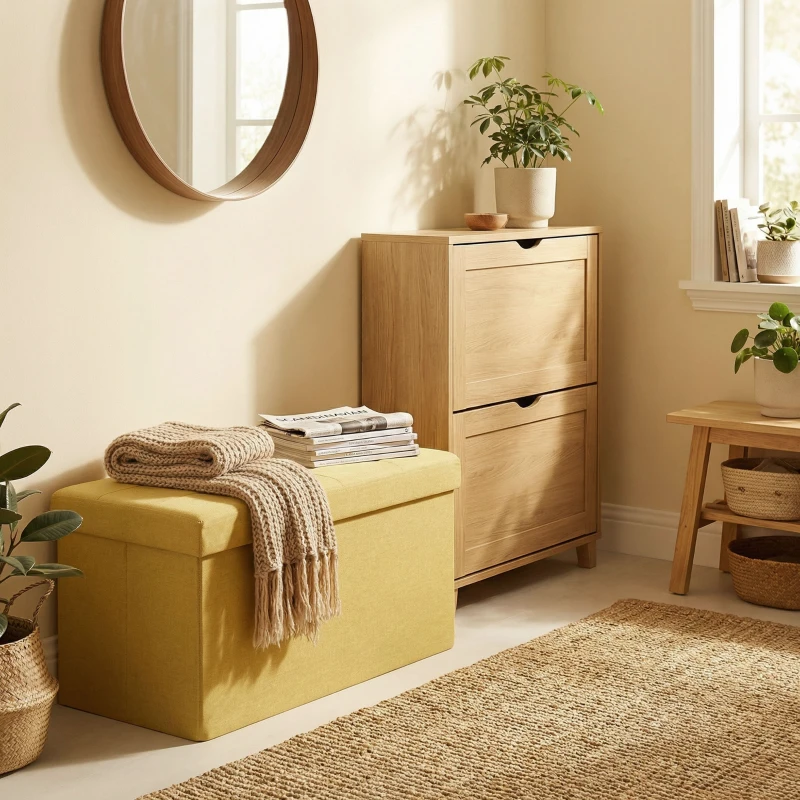 HOMCOM Puff Almacenaje, Banco Almacenaje Plegable 84 L 76x38x38 cm Tapizado en Lino Sintético Amarillo