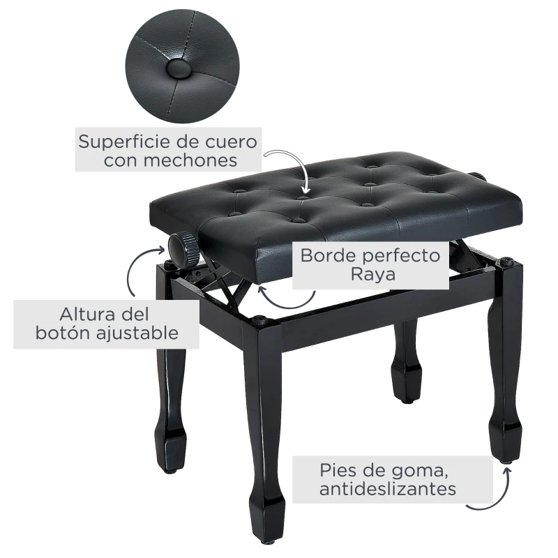 HOMCOM Banco de Piano Altura Ajustable Banqueta de Piano Asiento de Cuero Sintético Patas de Madera 64x35x55 cm Negro