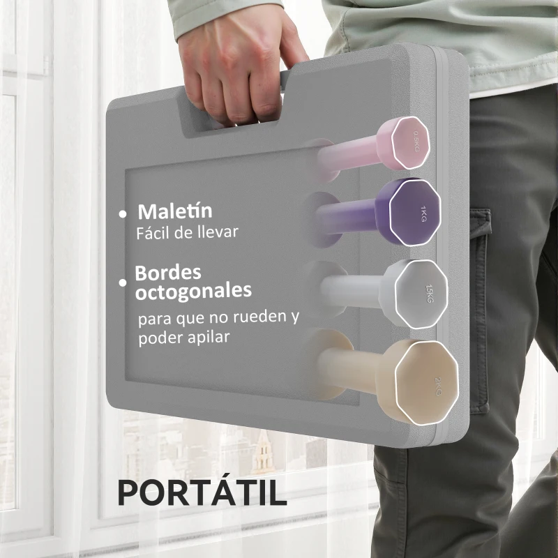 HOMCOM Juego de Mancuernas de 8 Piezas 2x0,5 kg 2x1 kg 2x1,5 kg 2x2 kg Antideslizantes y Estuche de Transporte Multicolor