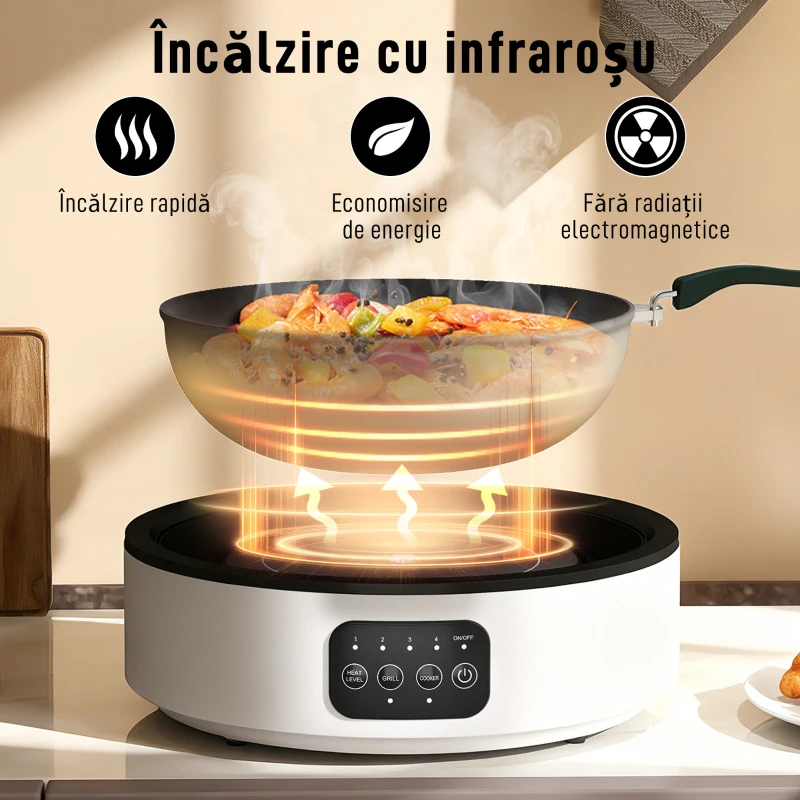 HOMCOM Plită Ceramică Electrică cu Plită de Grătar, Multifuncțională 36cm cu 4 Niveluri de Căldură pentru Toate Tipurile de Oale