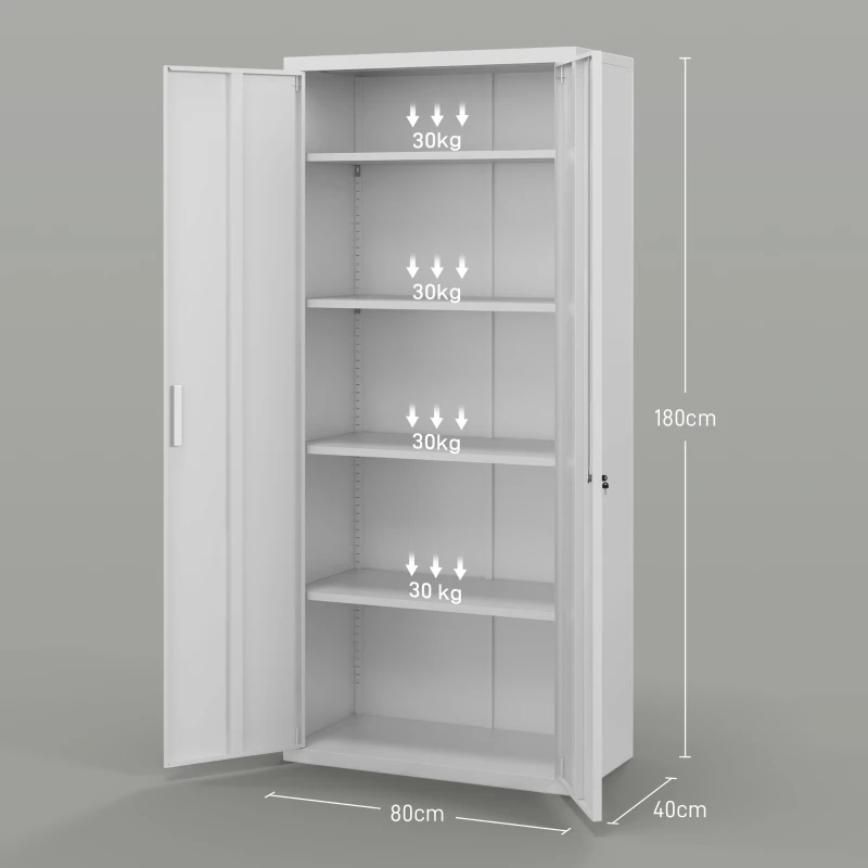 HOMCOM Archivador con Llave Estantes Ajustable Armario Archivador Metálico para Oficina Estudio Salón 80x40x180 cm Blanco
