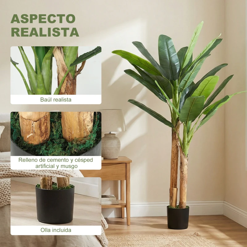 HOMCOM Árbol de Plátano Artificial 150 cm Planta Artificial Decorativa con Maceta y  2 Troncos para Hogar Oficina Salón Verde