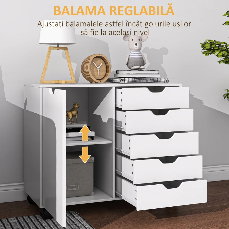 HOMCOM Dulap Lateral cu 5 Sertare, Dulap cu Raft Reglabil, Mobilier pentru Birou pe Roți, Suport pentru Imprimantă pentru Biroul de Acasă, Alb