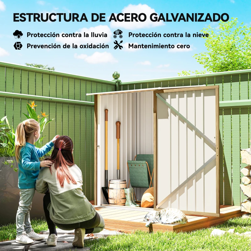 Outsunny Caseta de Jardín Metálica 0,92 m² 100x103x160 cm con 1 Puerta y Cerradura para Almacenamiento Herramientas Marrón Claro