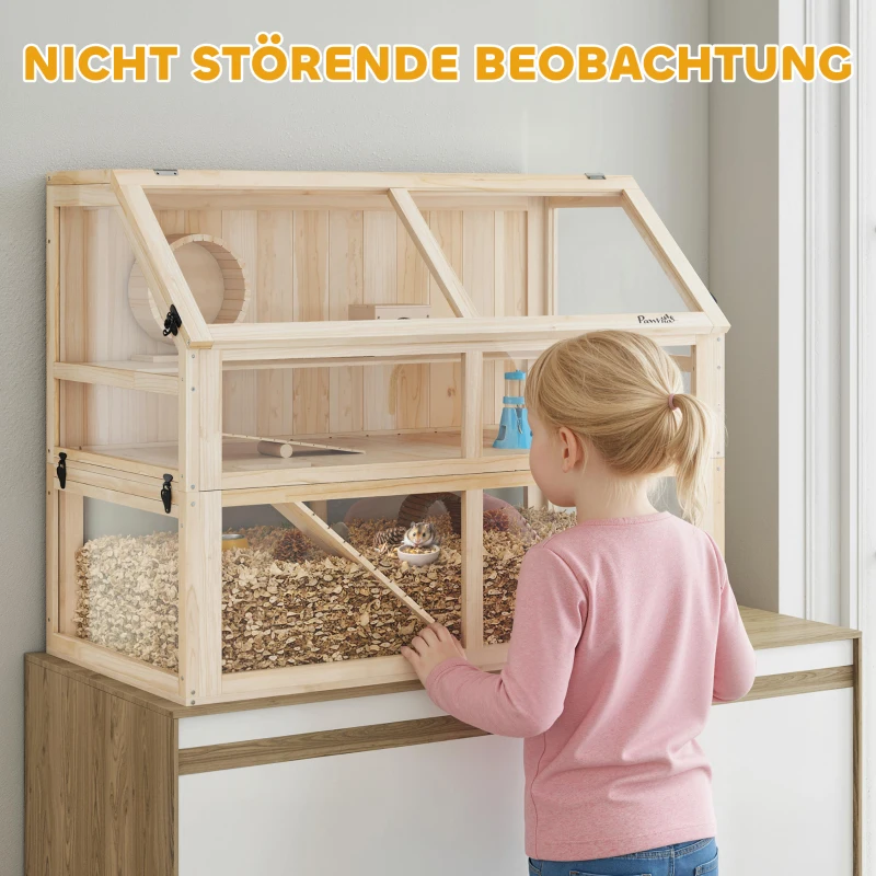 PawHut Hamsterkäfig aus Holz 3 Etagen Nagerkäfig Kleintierkäfig mit Wippe Laufrad Hütte 95 x 53 x 76 cm Naturholz