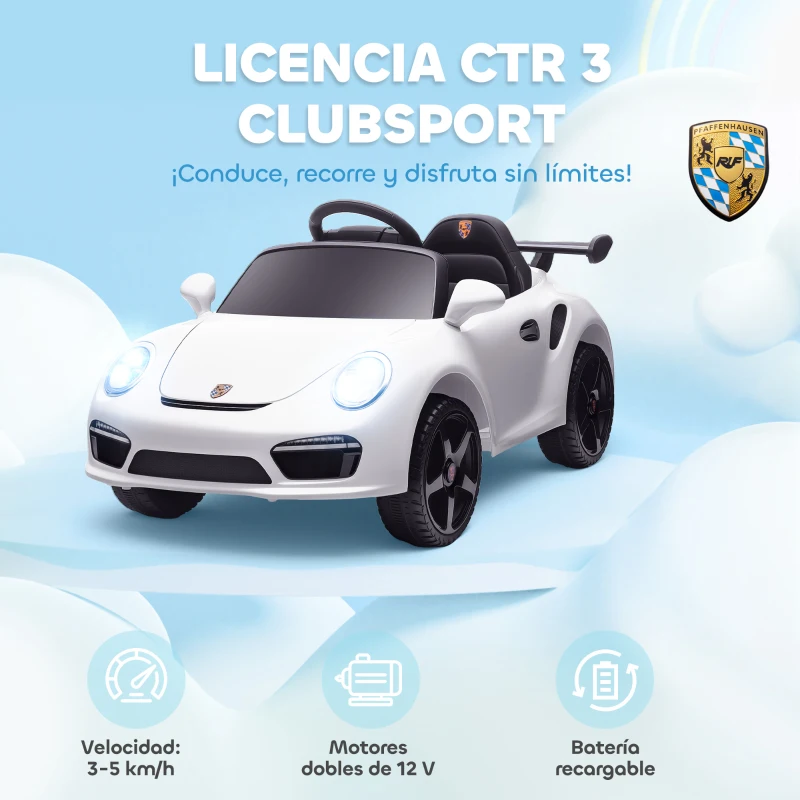 AIYAPLAY Coche Eléctrico para Niños con Licencia RUF CTR 3 Clubsport Mando a Distancia Motor Doble Ruedas Auxiliares Blanco