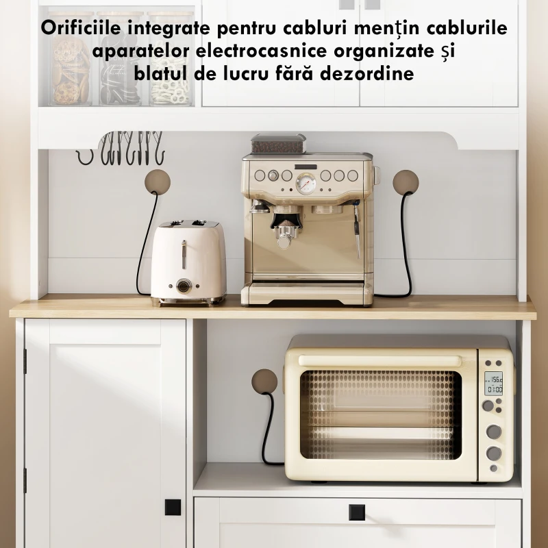 HOMCOM Bufet de Bucătărie Înalt 162 cm, Mobilier de Depozitare cu 2 Dulapuri, 2 Sertare, Suport Condimente, Orificii pentru Cabluri, Rafturi Reglabile, Blat pentru Cuptor cu Microunde, Suporturi pentru Cești, Alb