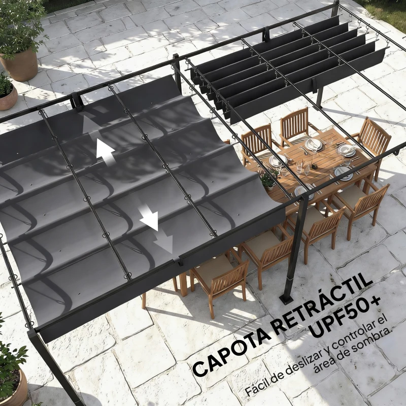 Outsunny Pérgola de Jardín 6x3 m con Techo Retráctil Protección UPF50+ Drenaje Cenador de Jardín para Patio Exterior Gris Oscuro