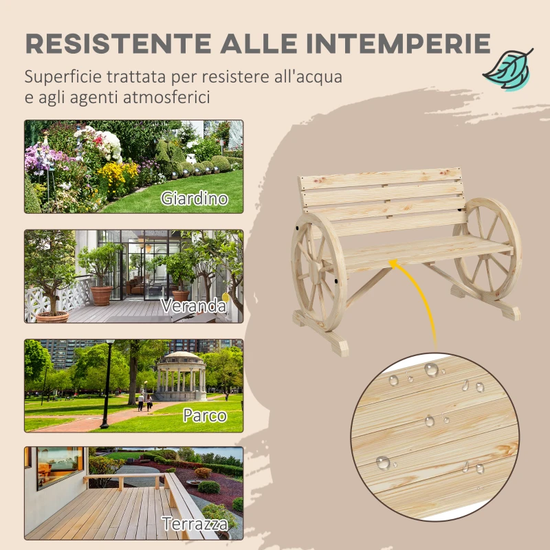 Outsunny Panchina da Giardino 2 Posti a Doghe con Braccioli a Ruota di Carro, in Legno, 105.5x56x79 cm, color Legno
