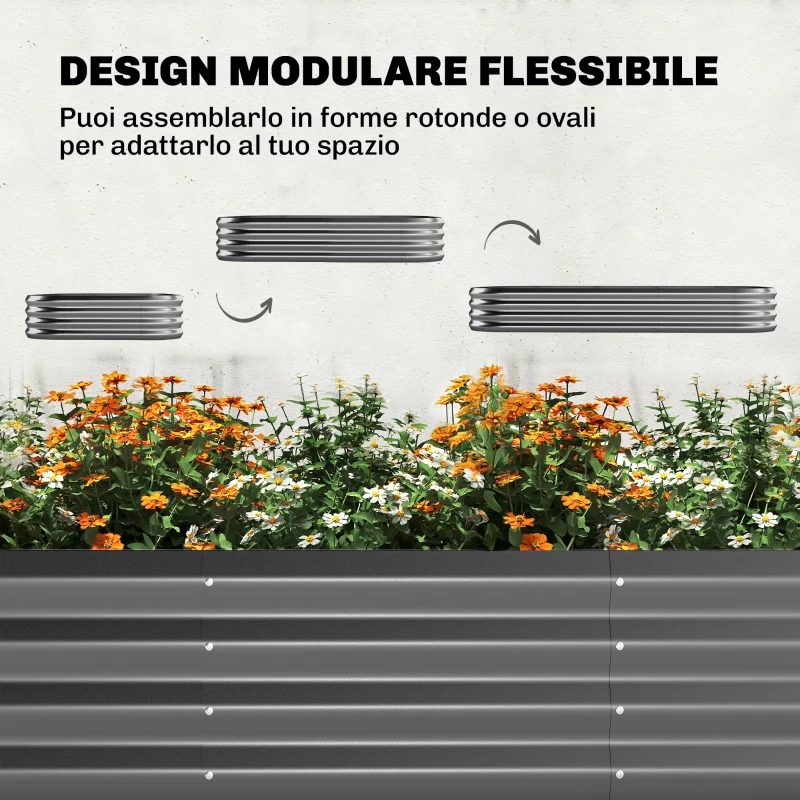 Outsunny Orto Rialzato con Traliccio per Rampicanti e Fondo Aperto in Metallo, 220x110x150 cm, Grigio Scuro