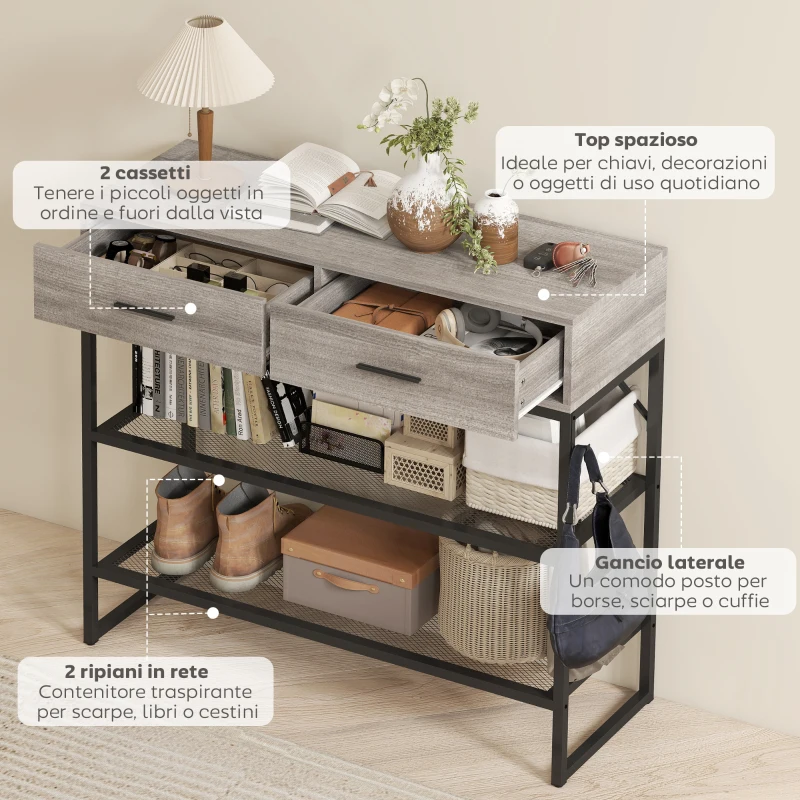 HOMCOM Consolle da Ingresso con 2 Cassetti, 2 Ripiani e Gancio Laterale, in Legno e Metallo, 100x35x92 cm, Nero e Legno