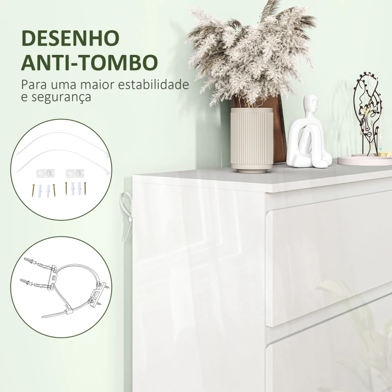 HOMCOM Cómoda com 6 Gavetas de Madeira Cómoda de Dormitório Cómoda Branca Estilo Moderno 112x34x75 cm Branco Brilhante