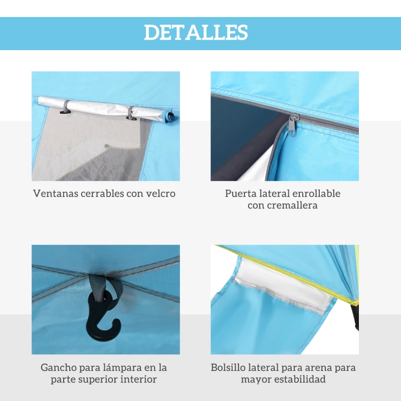 Outsunny Carpa de Playa Pop-up para 1-2 Personas con 2 Accesos y 2 Ventanas y Bolsa de Transporte 220x173x120 cm Azul Claro