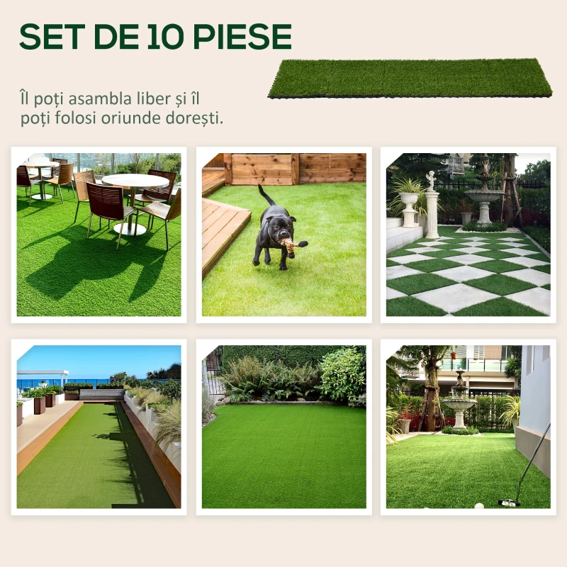 Outsunny Gazon Sintetic 10 Piese Covoraș Gazon Artificial 30x30 cm cu Înălțimea Firului de Iarbă 20 mm și Anti-UV Verde Închis