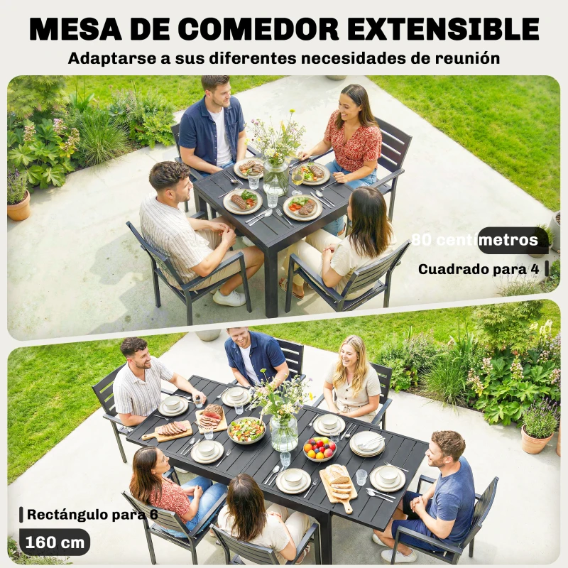Outsunny Mesa de Comedor Exterior Extensible de 80-160 cm para 4-6 Personas Mesa de Jardín Rectangular para Terraza Negro