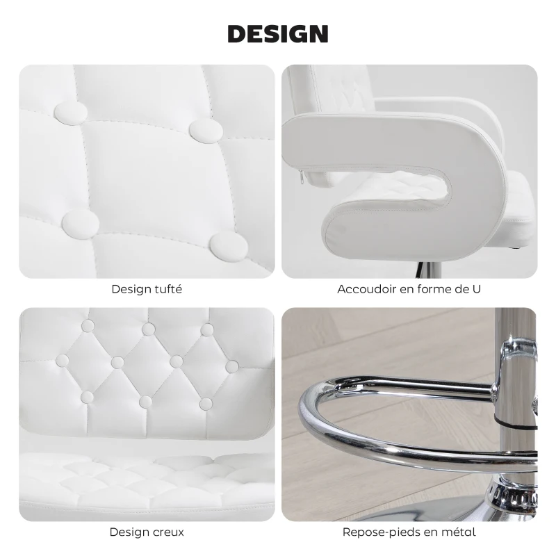 HOMCOM Tabouret de bar pivotant chaise de bar réglable en hauteur avec dossier repose-pieds et accoudoirs 61x50x93-113cm blanc