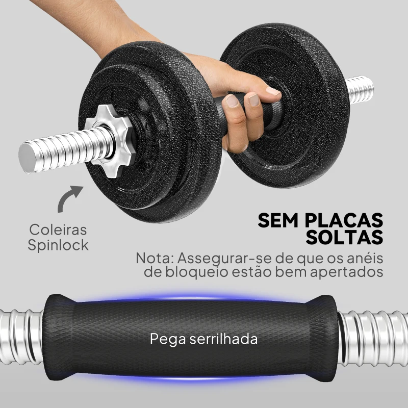SPORTNOW Conjunto de Halteres Ajustáveis 2 em 1 20 kg Conjunto de Pesos com Barras Retas de Ligação e Pegas Antiderrapantes Preto