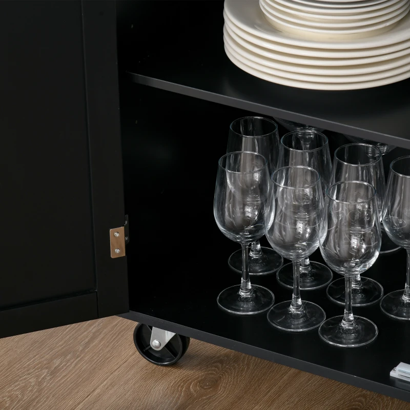 HOMCOM Carrito de Cocina con Armario con Puertas y Estante Interior Ajustable Cajón Barra y Especiero Móvil Aparador Auxiliar con Ruedas para Comedor 109x40x89 cm Negro