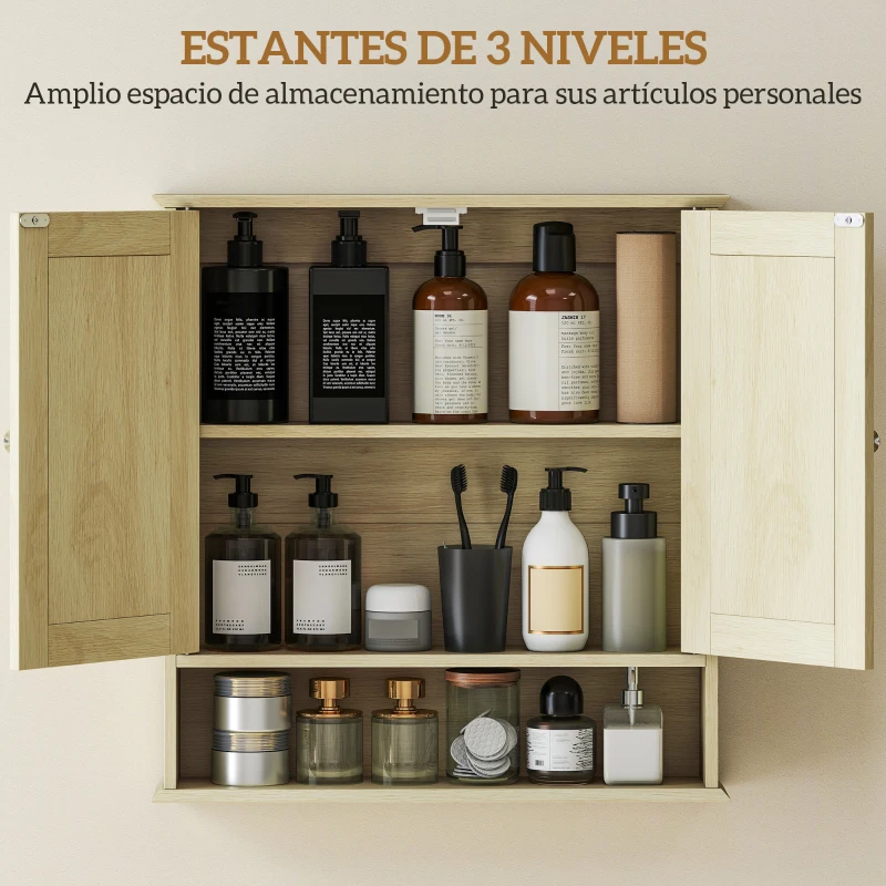 kleankin Armario de Baño con Espejo Armario de Pared con 2 Puertas Estante Abierto Estante Ajustable 56x13x58cm Natural