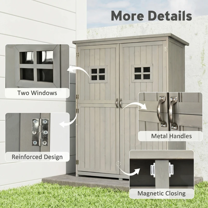 Outsunny Wooden Garden Shed with Two Windows, Tool Storage Cabinet, Outdoor Double Door Organizer 127.5L x 50W x 164H cm, Grey