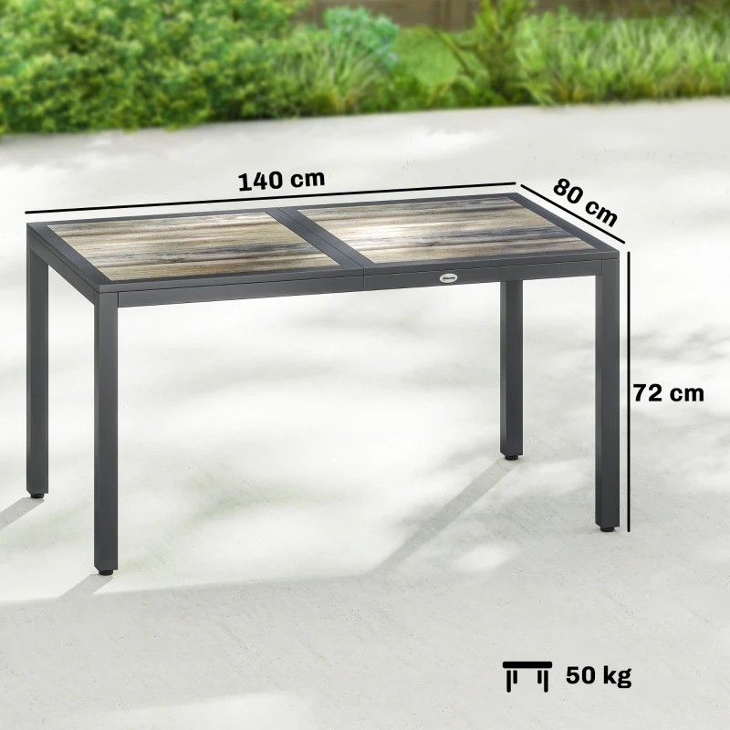 Outsunny Tavolo da giardino per 4-6 persone con piano effetto legno, 140x80x72 cm, Grigio scuro