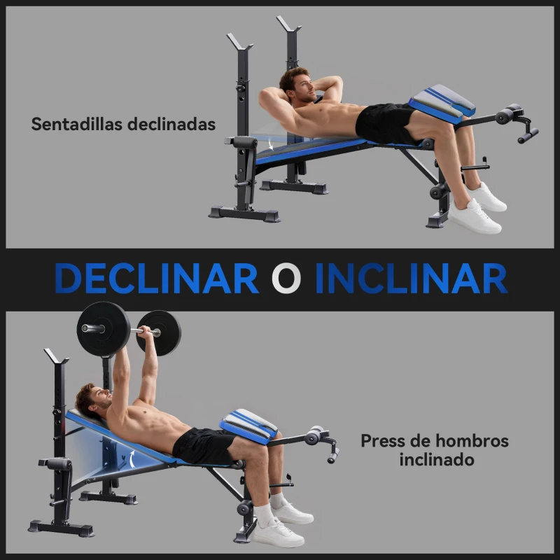 HOMCOM Banco de Musculación con Respaldo Ajustable y Soporte para Barras Regulable para Entrenamiento en Casa Gimnasio Negro