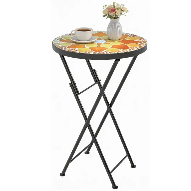 Outsunny Mosaic Outdoor Garden Table, 35.5cm Round Folding Coffee Table with Metal Frame for Balcony Terrace, Yellow