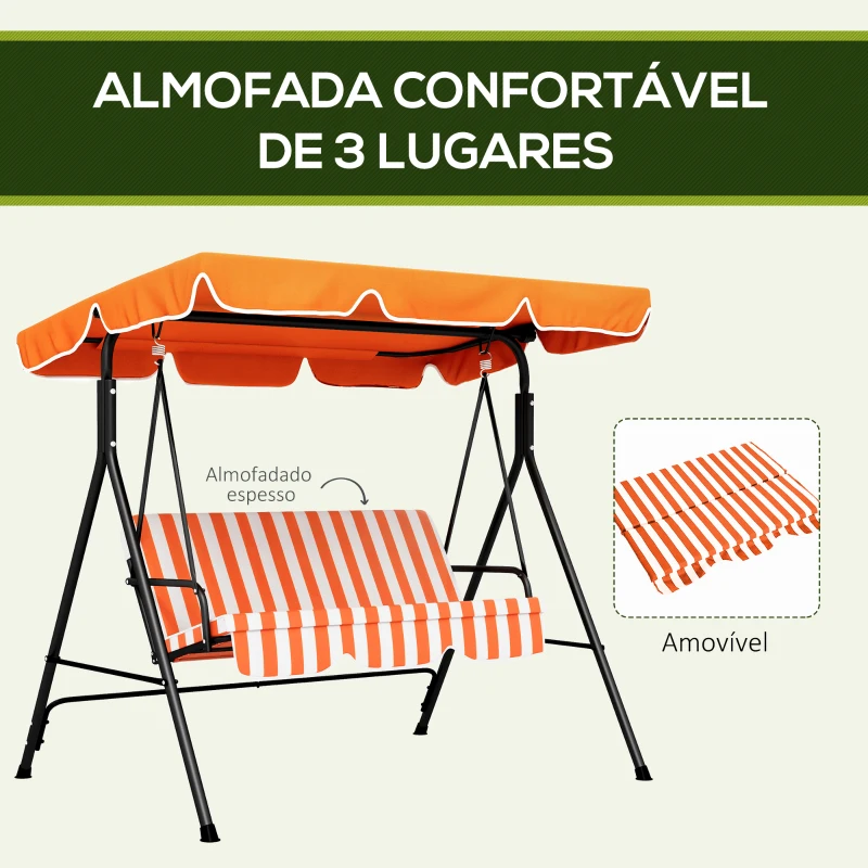 Outsunny Baloiço de Jardim Exterior de 3 Lugares com Toldo Ajustável e Estrutura de Aço 172x110x153 cm Laranja