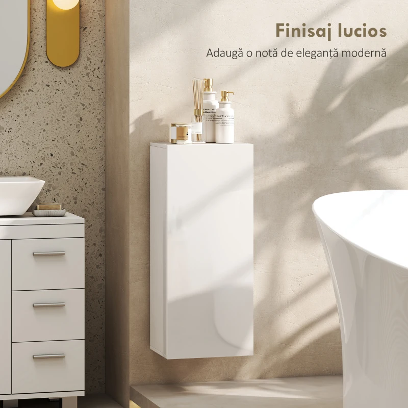 HOMCOM Dulap de Baie Suspendat cu Ușă Fără Mâner, 2 Rafturi Reglabile din Sticlă, Mobilier Suspendat Multifuncțional, 30x23,4x71,2 cm, Alb Lucios