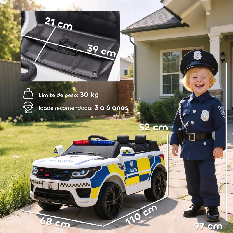 HOMCOM Carro Elétrico para Crianças Carro Elétrico Infantil de Policia 12V com Bluetooth USB Luz Sirene 110x68x52 cm  Branco