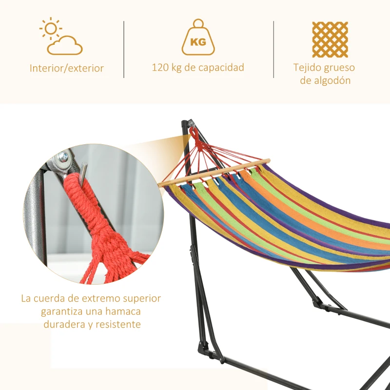 Outsunny Hamaca con Soporte Plegable 2 en 1 Tendedero con Barra Estructura de Acero para Jardín 270x100x94 cm Multicolor
