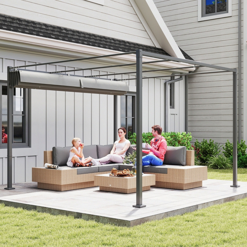 Outsunny Pérgola con Techo Retráctil Pérgola de 3x3 m con Cierre Magnético Protección UV30+ Pabellón para Jardín Patio Gris